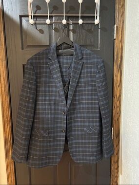 Men's Navy Plaid Two-Button Suit with Light Blue Windowpane